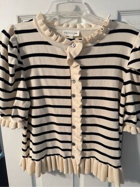 entro Cream & Black Striped Ruffle-Trim Cardigan